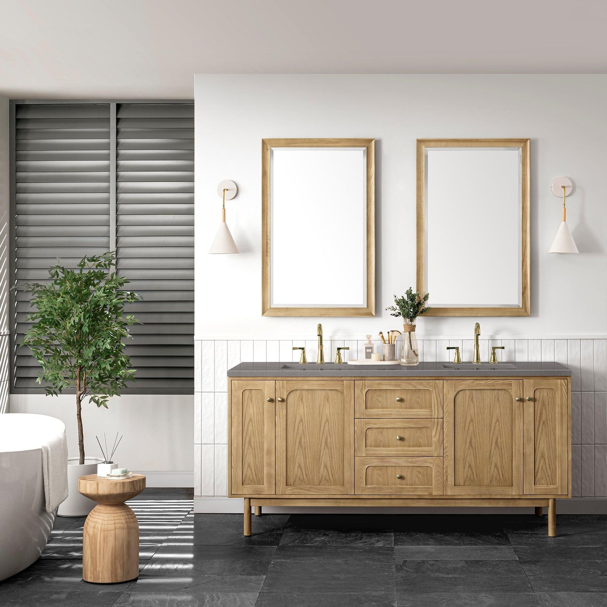 James Martin Vanities Laurent 72" Light Natural Oak Double Vanity With 3cm Grey Expo Top