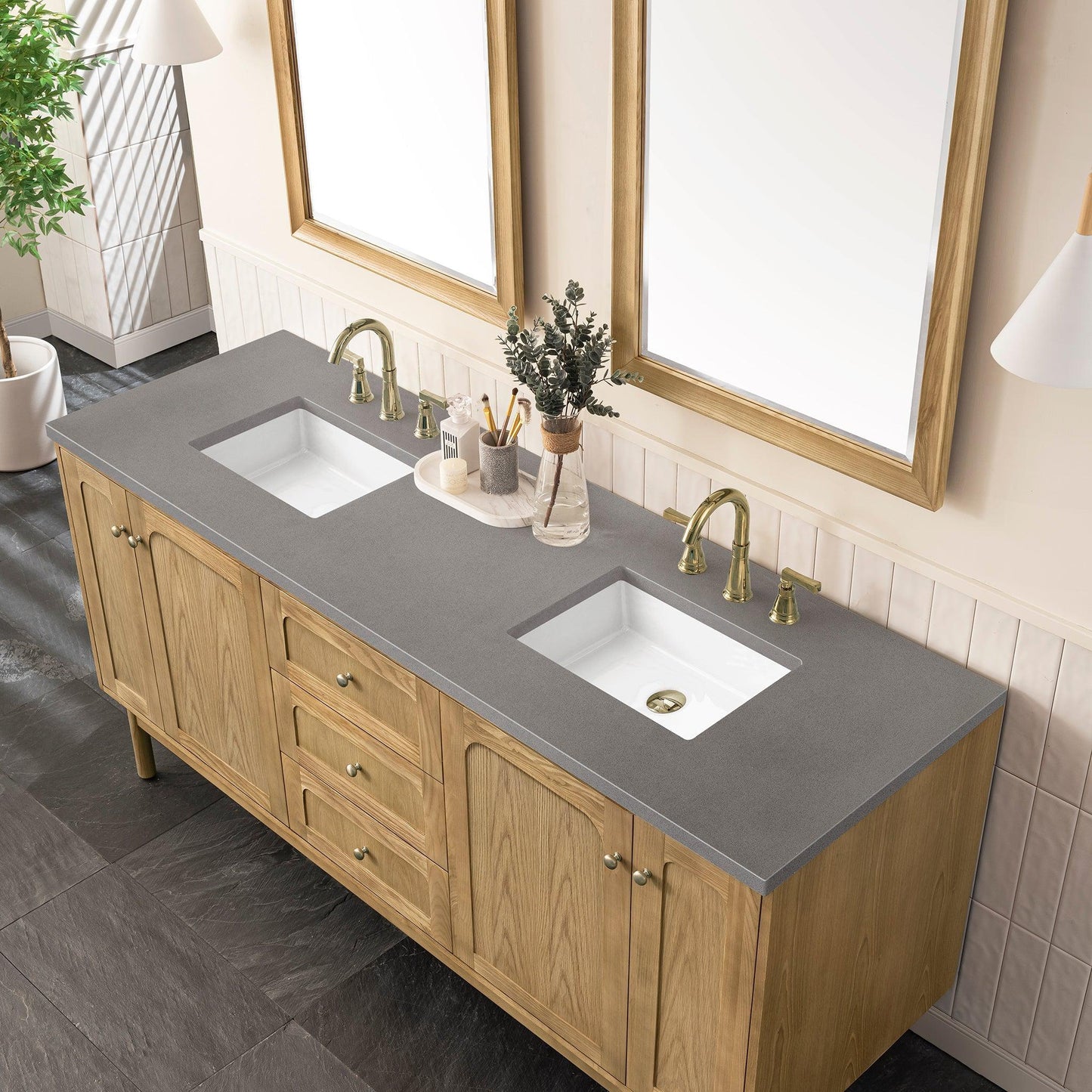 James Martin Vanities Laurent 72" Light Natural Oak Double Vanity With 3cm Grey Expo Top