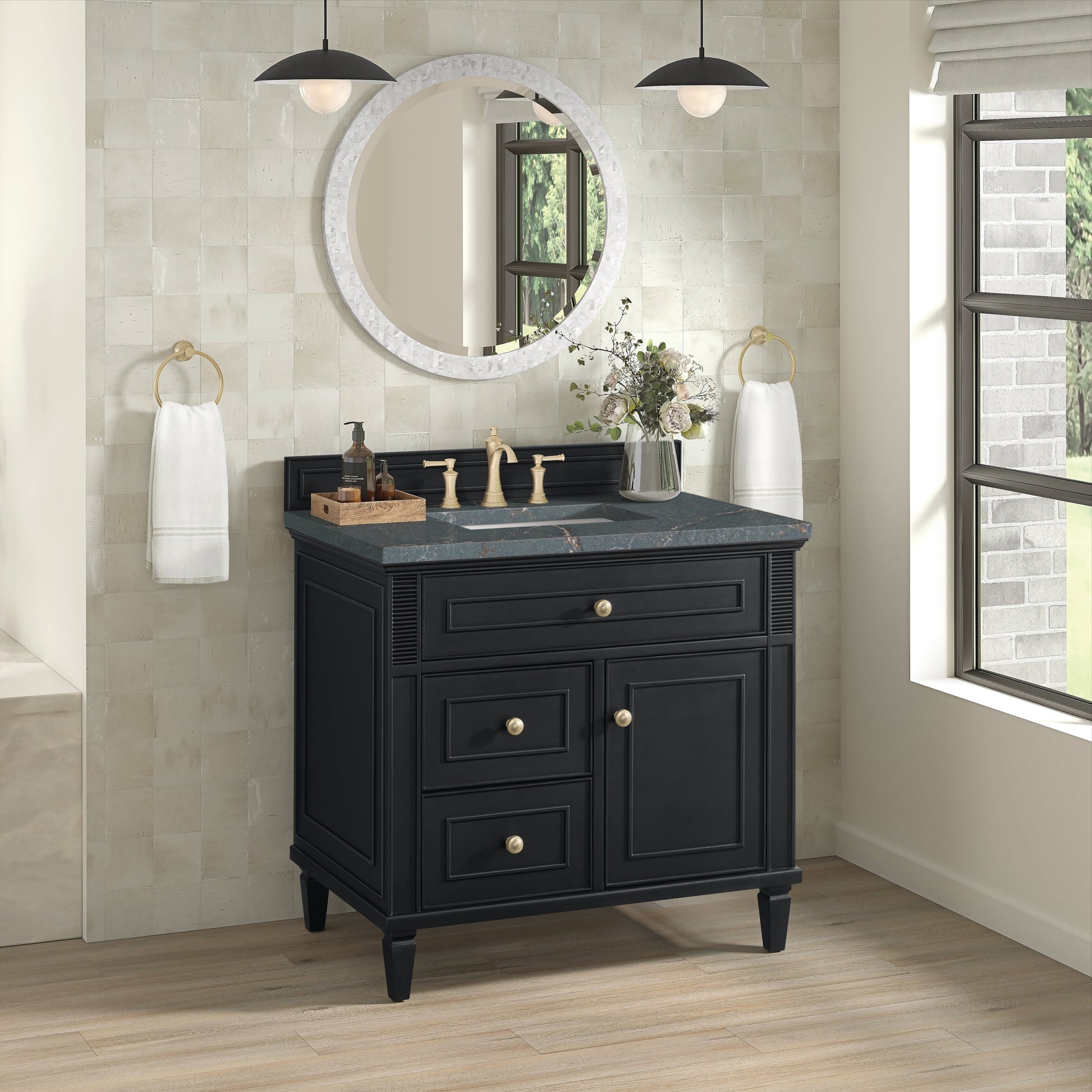 James Martin Vanities Lorelai 36" Black Onyx Single Vanity With 3 CM Parisien Bleu Quartz Top