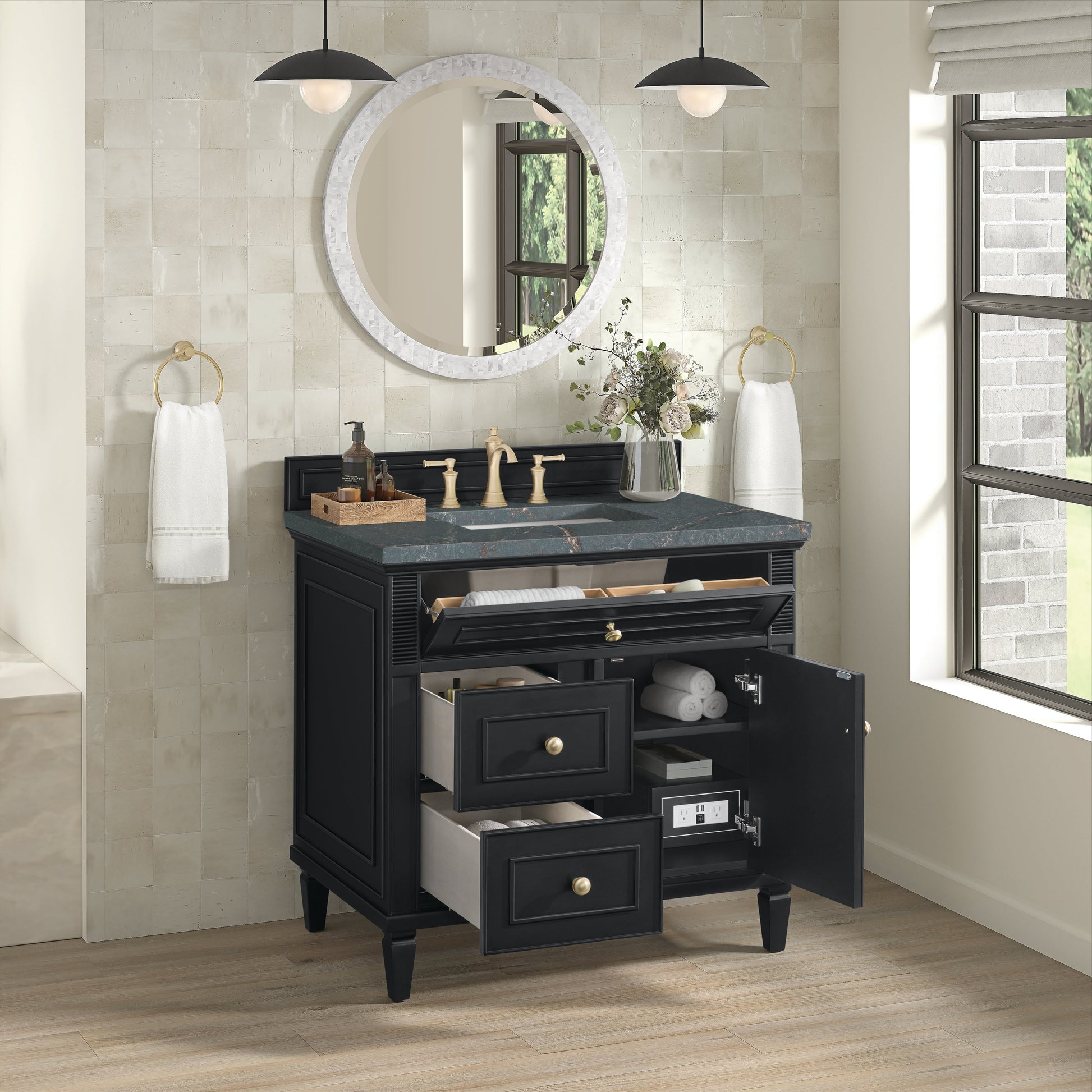 James Martin Vanities Lorelai 36" Black Onyx Single Vanity With 3 CM Parisien Bleu Quartz Top