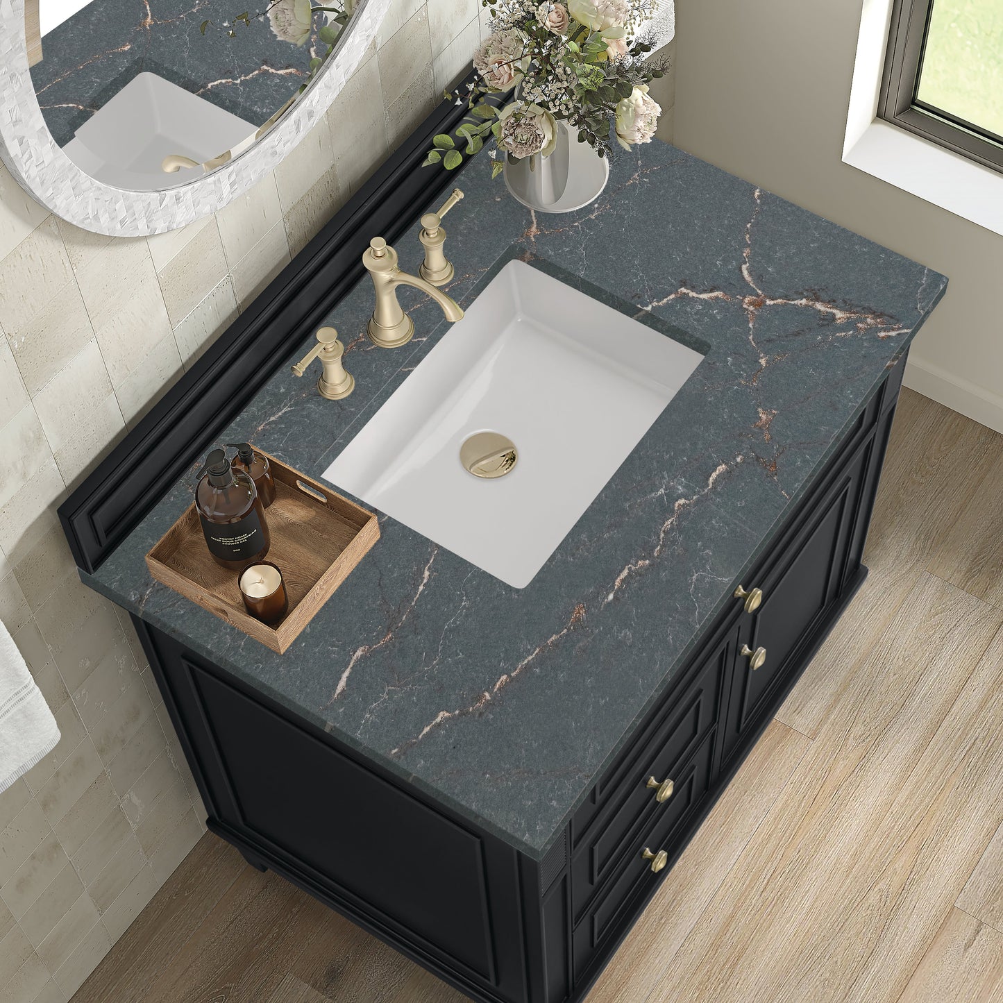 James Martin Vanities Lorelai 36" Black Onyx Single Vanity With 3 CM Parisien Bleu Quartz Top