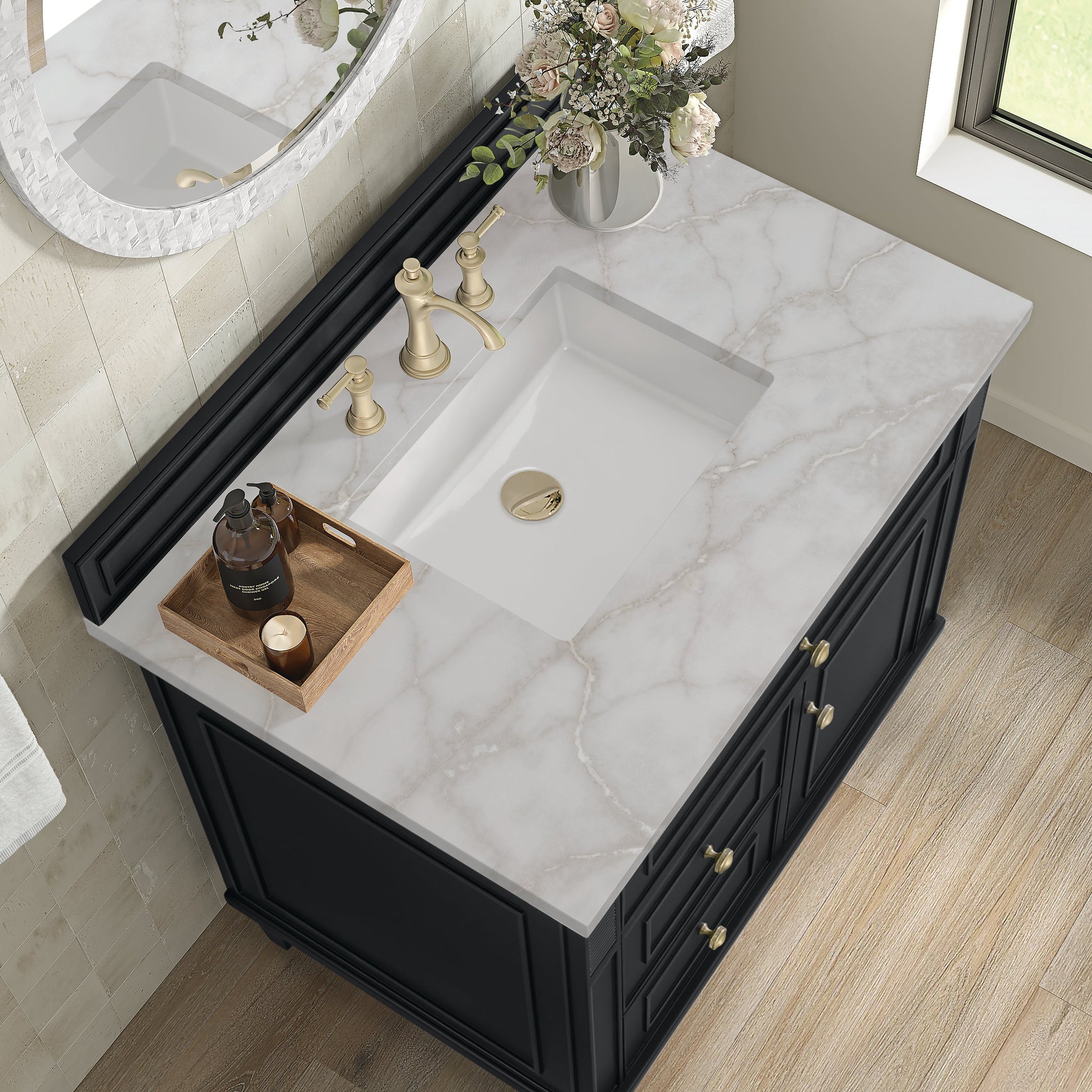 James Martin Vanities Lorelai 36" Black Onyx Single Vanity With 3 CM Victorian Silver Quartz Top