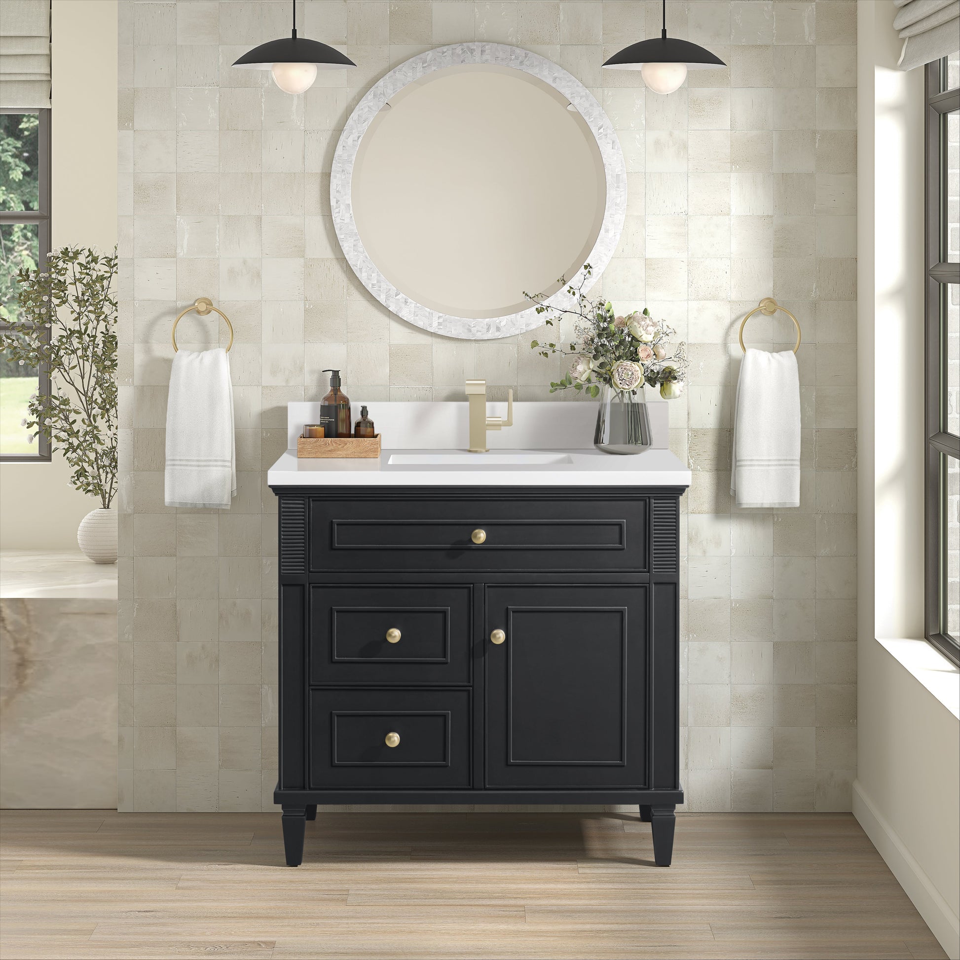 James Martin Vanities Lorelai 36" Black Onyx Single Vanity With Single Hole 3 CM White Zeus Quartz Top & Backsplash