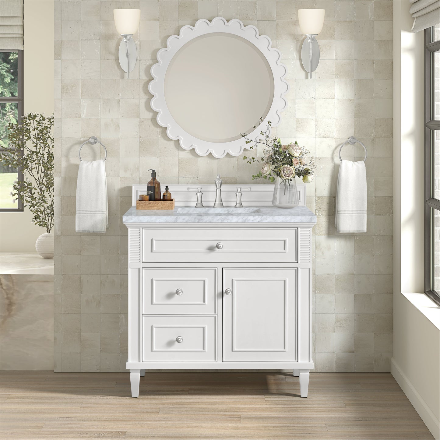 James Martin Vanities Lorelai 36" Bright White Single Vanity With 3 CM Carrara White Marble Top