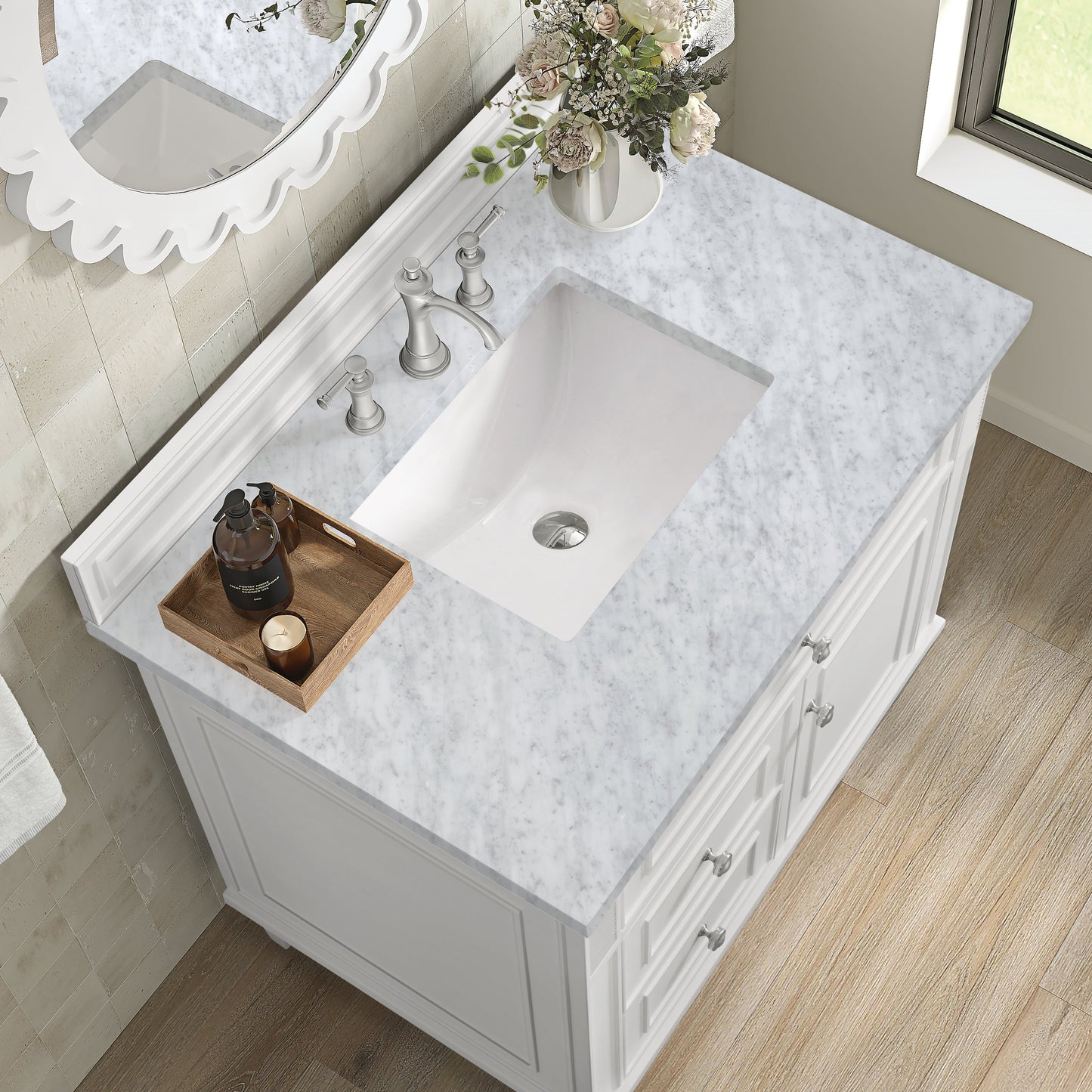 James Martin Vanities Lorelai 36" Bright White Single Vanity With 3 CM Carrara White Marble Top