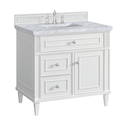 James Martin Vanities Lorelai 36" Bright White Single Vanity With 3 CM Carrara White Marble Top