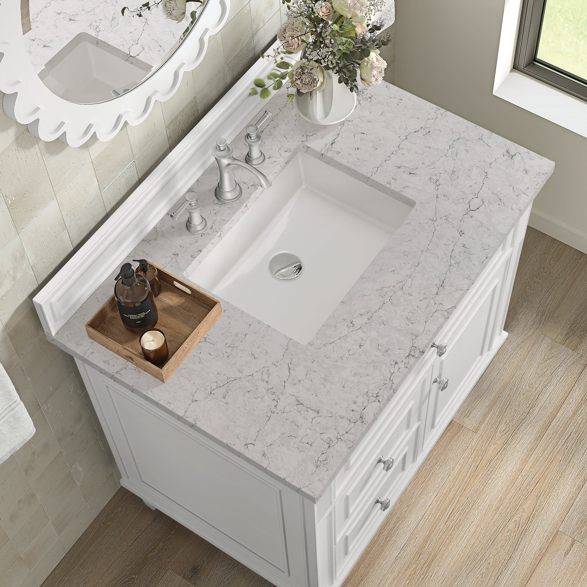 James Martin Vanities Lorelai 36" Bright White Single Vanity With 3 CM Eternal Jasmine Pearl Quartz Top