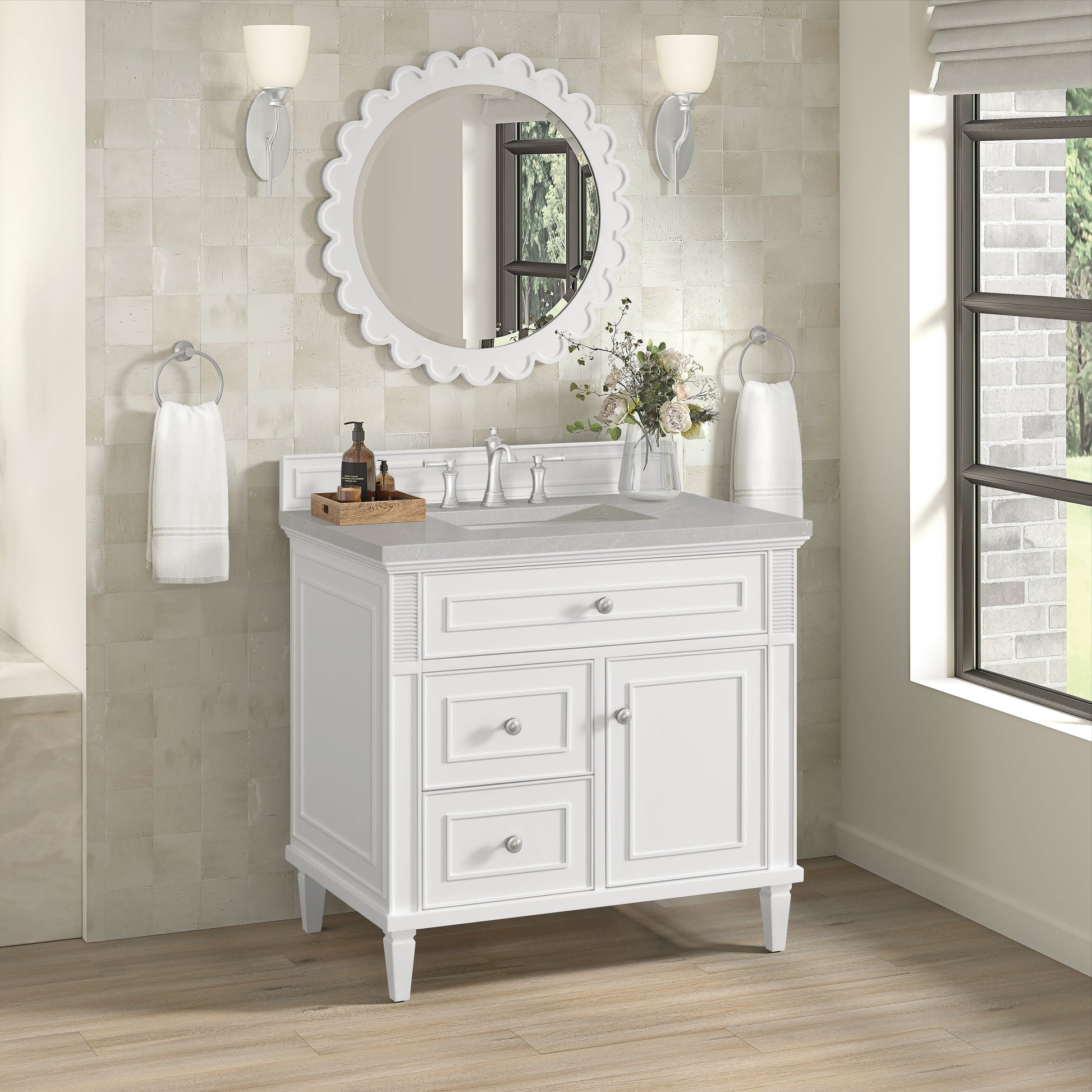 James Martin Vanities Lorelai 36" Bright White Single Vanity With 3 CM Eternal Serena Quartz Top