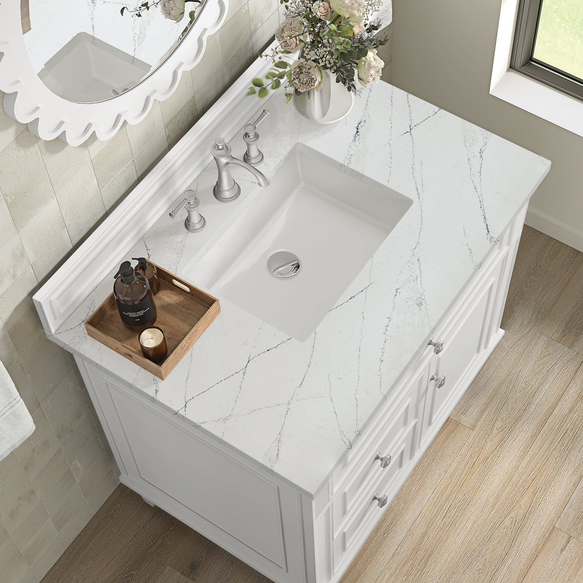 James Martin Vanities Lorelai 36" Bright White Single Vanity With 3 CM Ethereal Noctis Quartz Top