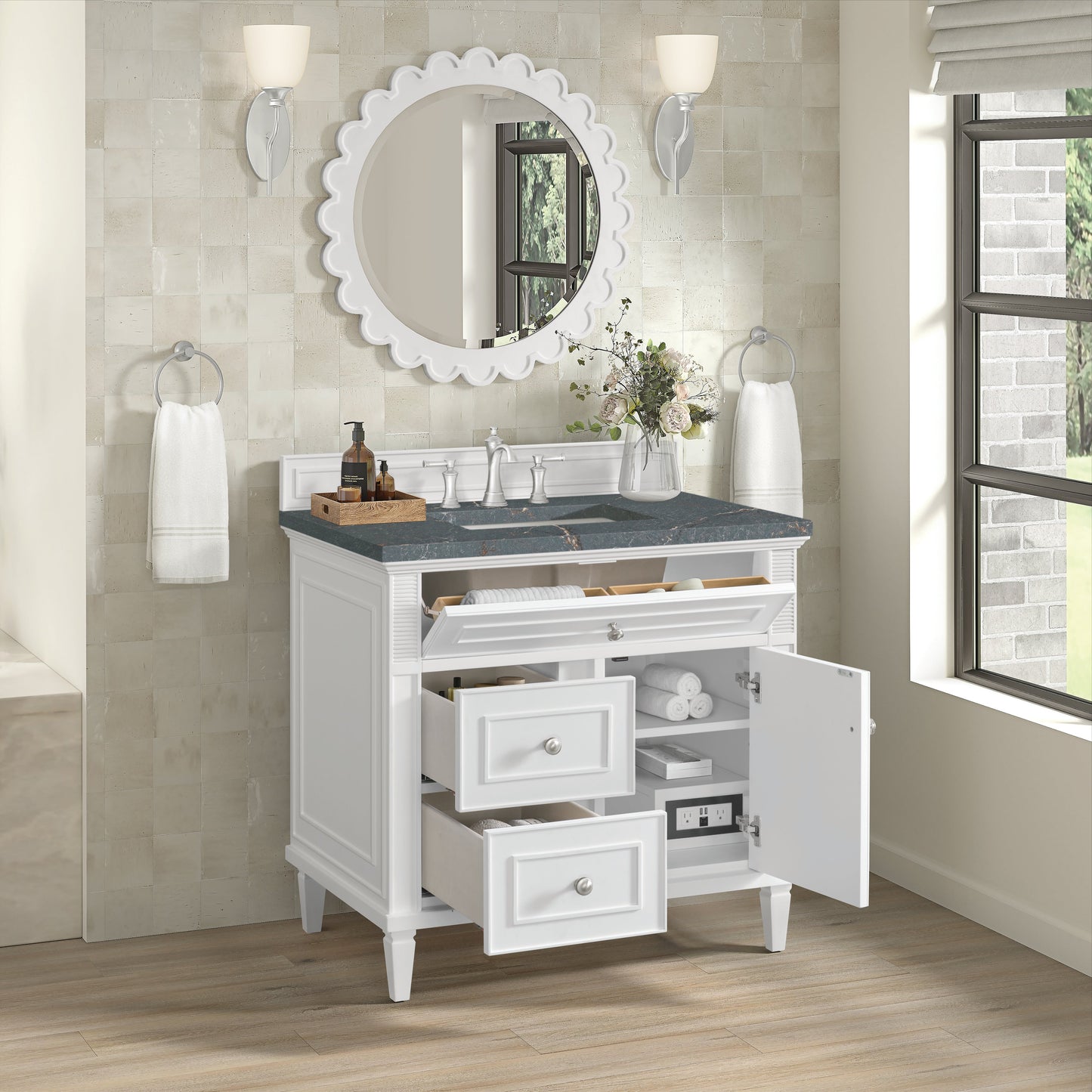 James Martin Vanities Lorelai 36" Bright White Single Vanity With 3 CM Parisien Bleu Quartz Top