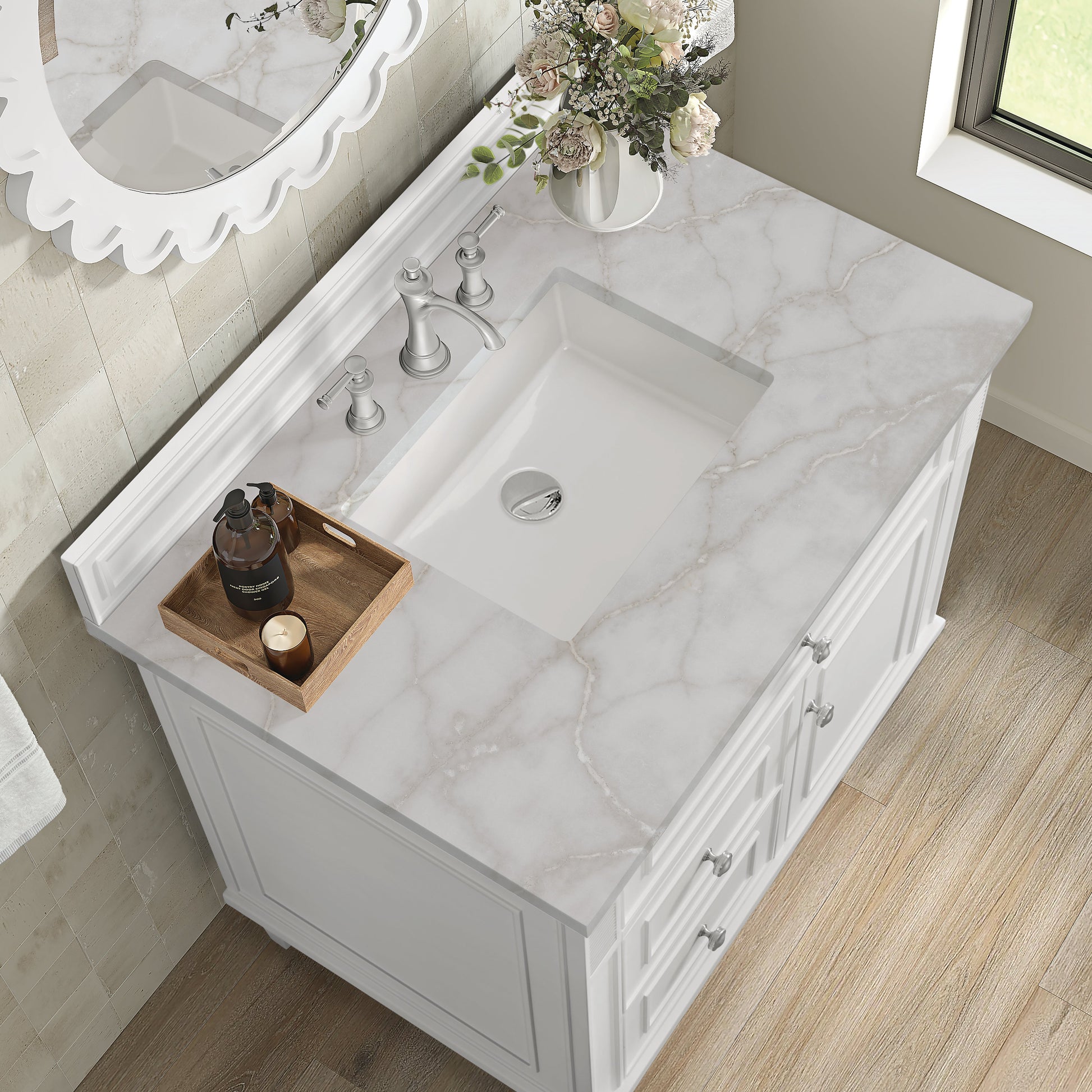 James Martin Vanities Lorelai 36" Bright White Single Vanity With 3 CM Victorian Silver Quartz Top