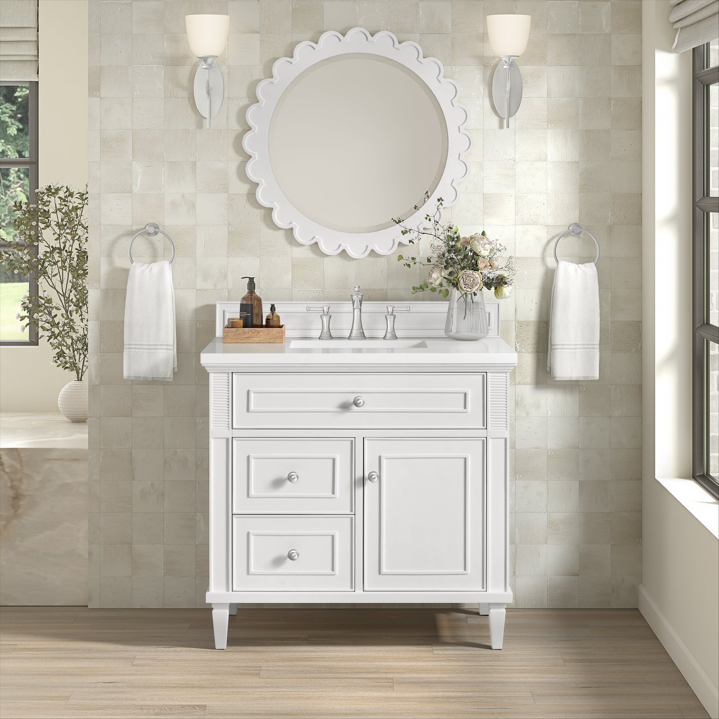 James Martin Vanities Lorelai 36" Bright White Single Vanity With 3 CM White Zeus Quartz Top