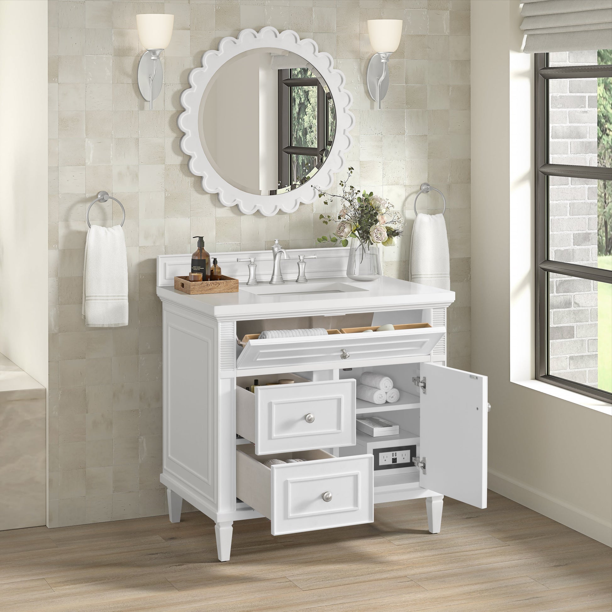 James Martin Vanities Lorelai 36" Bright White Single Vanity With 3 CM White Zeus Quartz Top