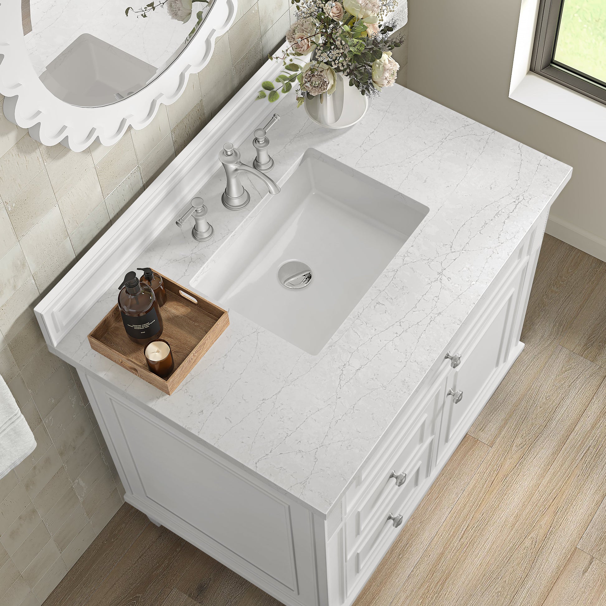 James Martin Vanities Lorelai 36" Bright White Single Vanity With 3 CM White Zeus Quartz Top