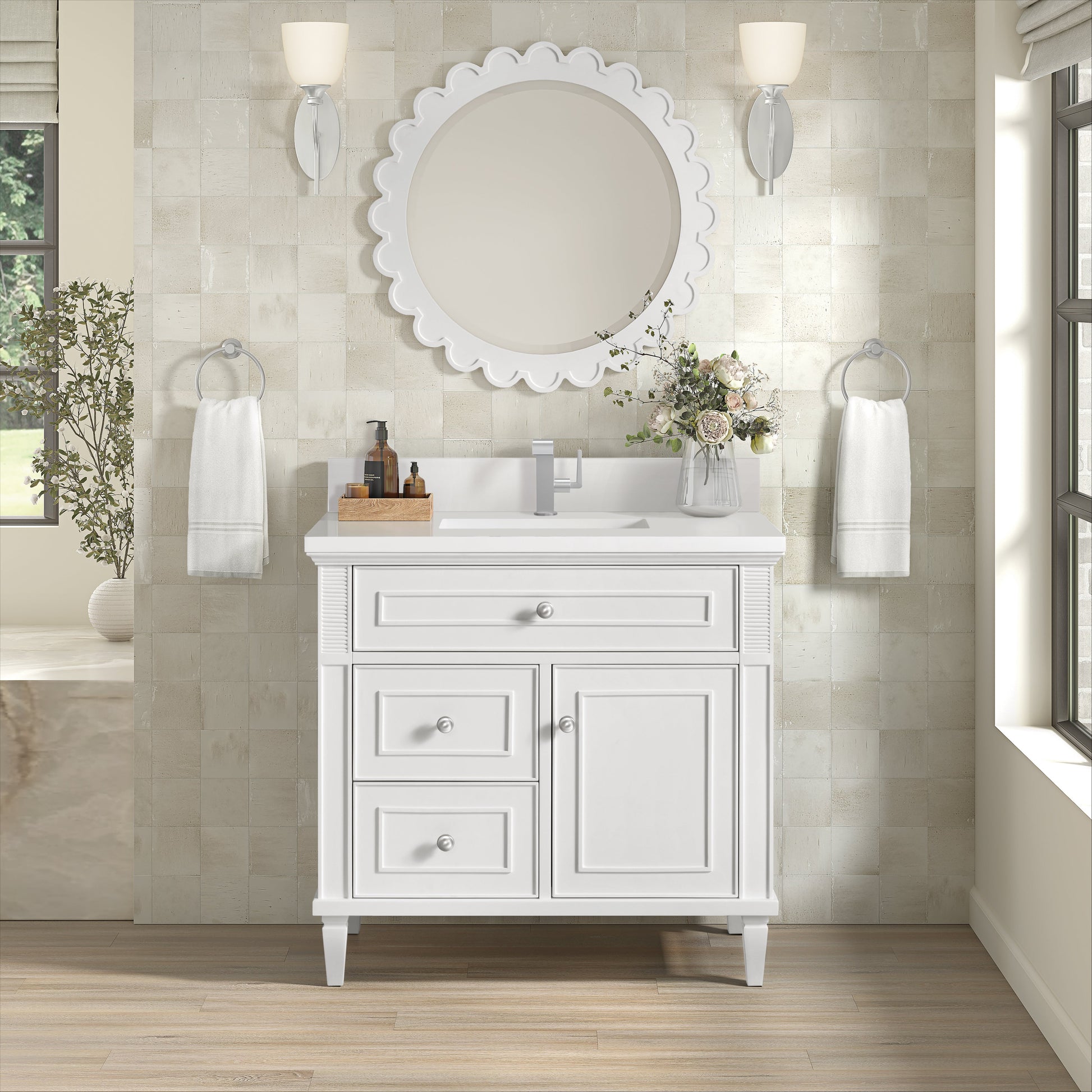 James Martin Vanities Lorelai 36" Bright White Single Vanity With Single Hole 3 CM White Zeus Quartz Top & Backsplash