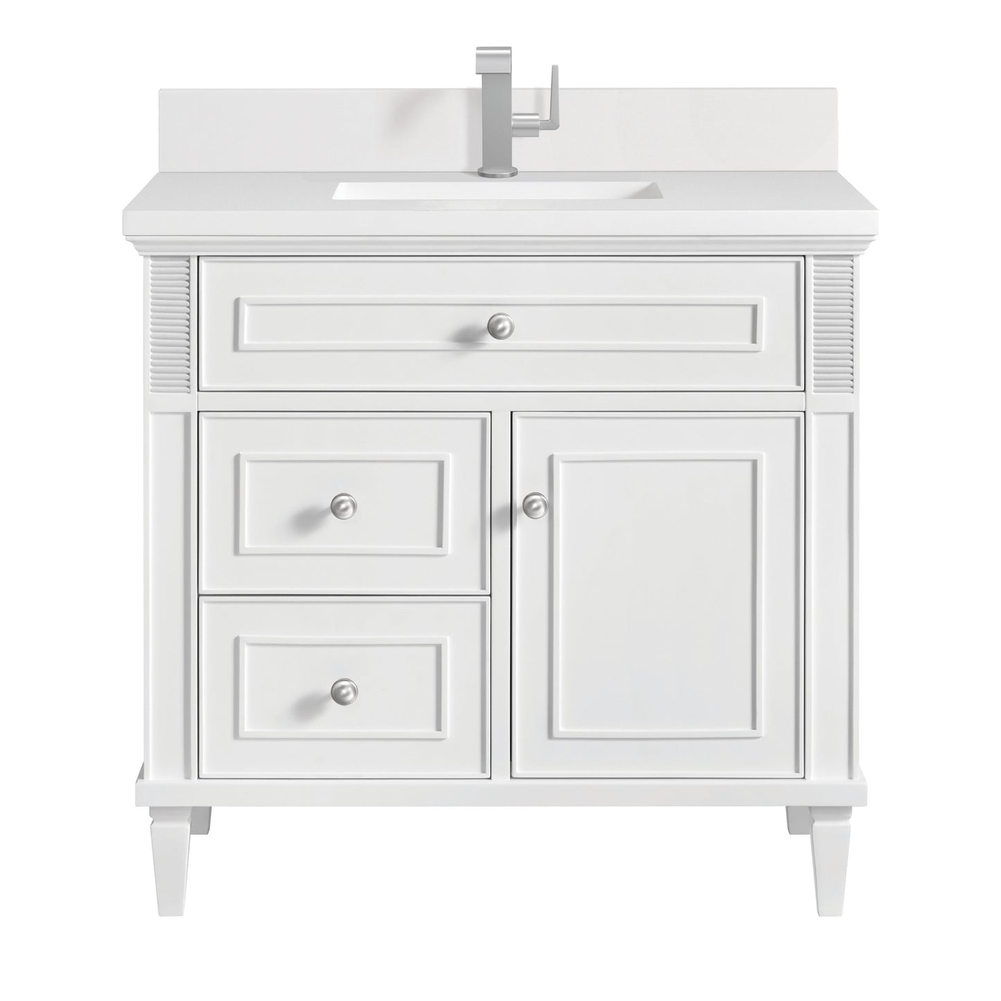 James Martin Vanities Lorelai 36" Bright White Single Vanity With Single Hole 3 CM White Zeus Quartz Top & Backsplash