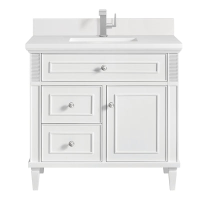 James Martin Vanities Lorelai 36" Bright White Single Vanity With Single Hole 3 CM White Zeus Quartz Top & Backsplash