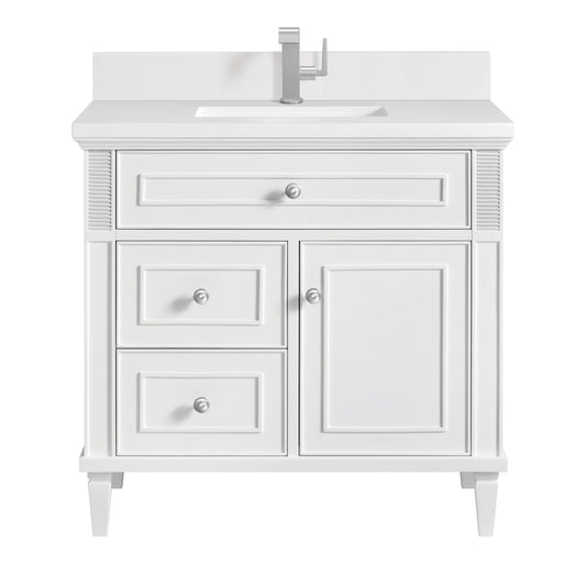 James Martin Vanities Lorelai 36" Bright White Single Vanity With Single Hole 3 CM White Zeus Quartz Top & Backsplash