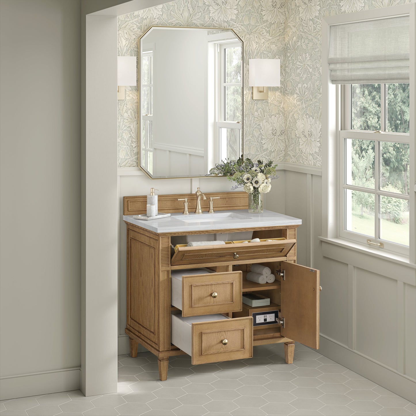 James Martin Vanities Lorelai 36" Light Natural Oak Single Vanity With 3 CM Arctic Fall Solid Surface Top