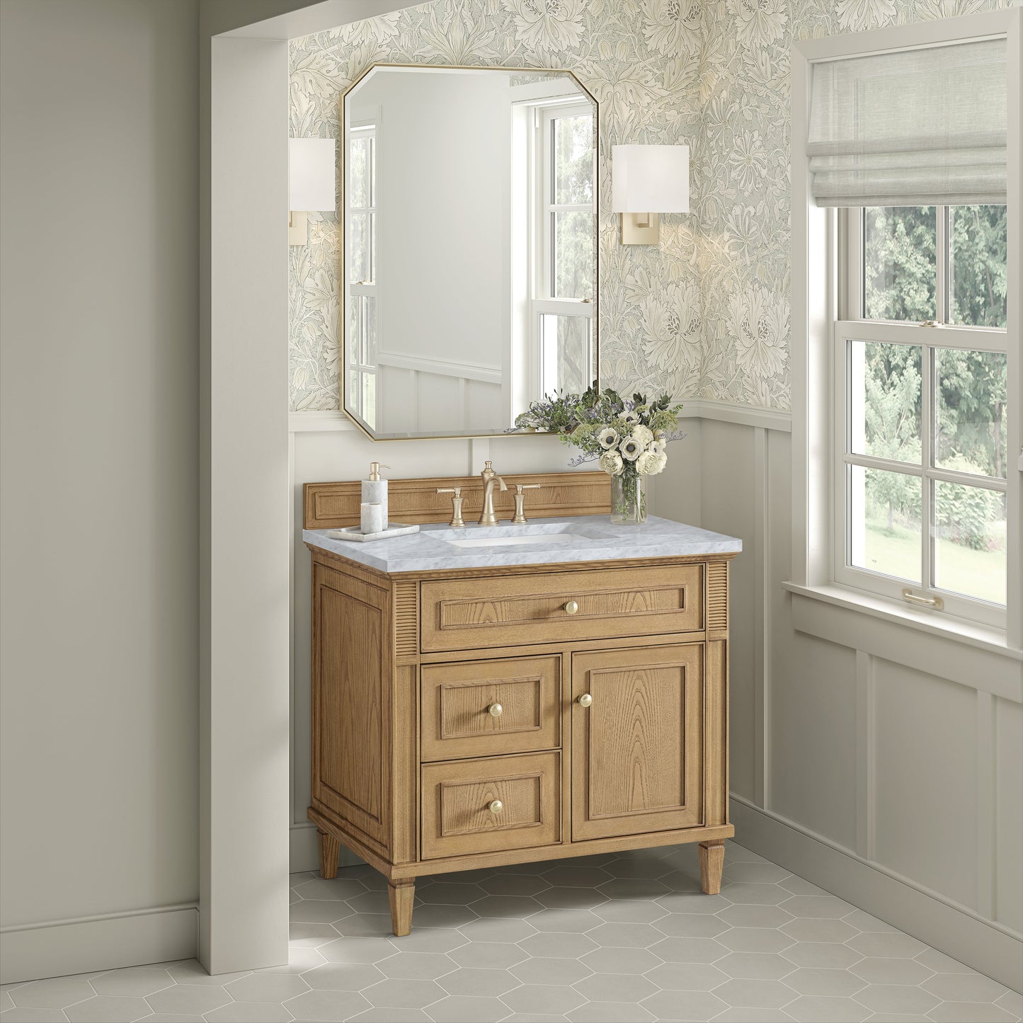 James Martin Vanities Lorelai 36" Light Natural Oak Single Vanity With 3 CM Carrara White Marble Top