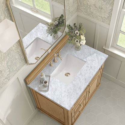 James Martin Vanities Lorelai 36" Light Natural Oak Single Vanity With 3 CM Carrara White Marble Top