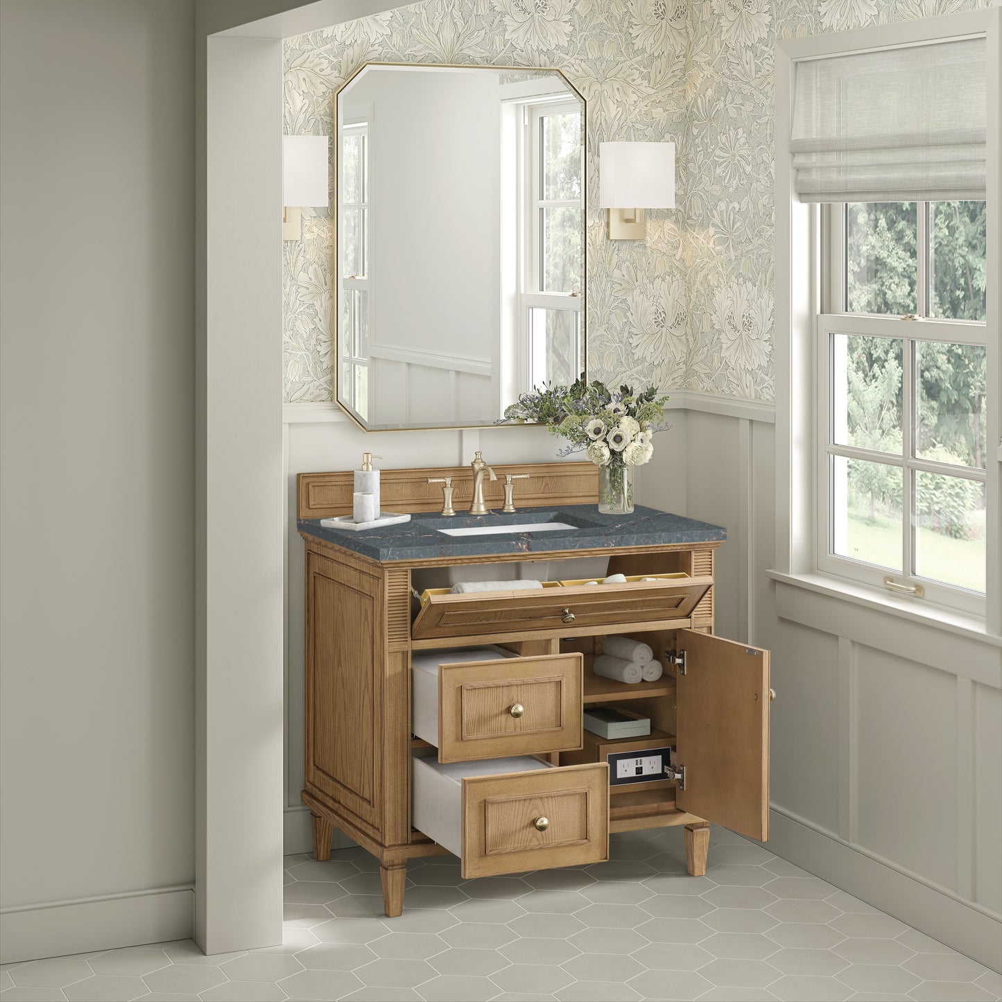 James Martin Vanities Lorelai 36" Light Natural Oak Single Vanity With 3 CM Parisien Bleu Quartz Top