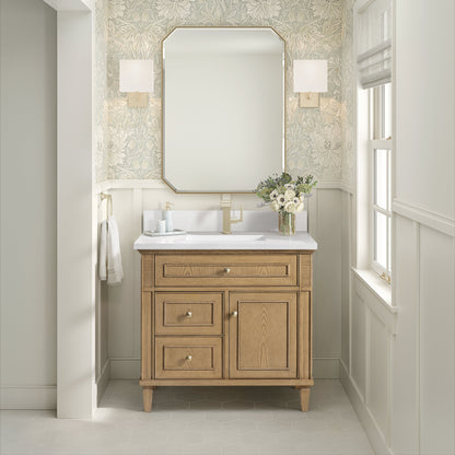 James Martin Vanities Lorelai 36" Light Natural Oak Single Vanity With Single Hole 3 CM White Zeus Quartz Top & Backsplash