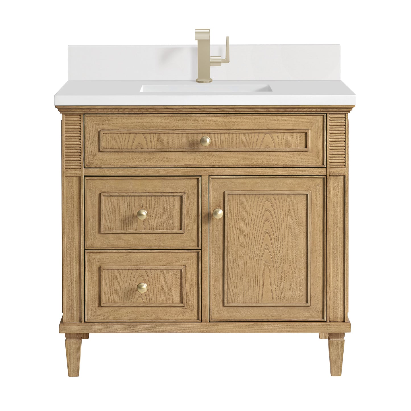 James Martin Vanities Lorelai 36" Light Natural Oak Single Vanity With Single Hole 3 CM White Zeus Quartz Top & Backsplash