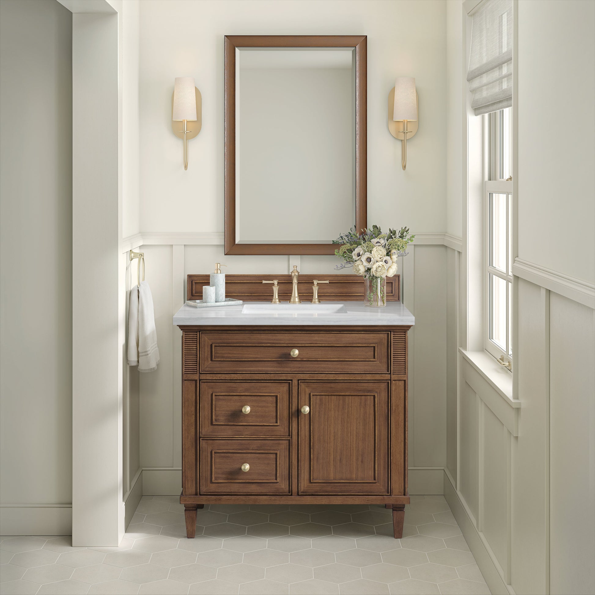 James Martin Vanities Lorelai 36" Mid-Century Walnut Single Vanity With 3 CM Arctic Fall Solid Surface Top