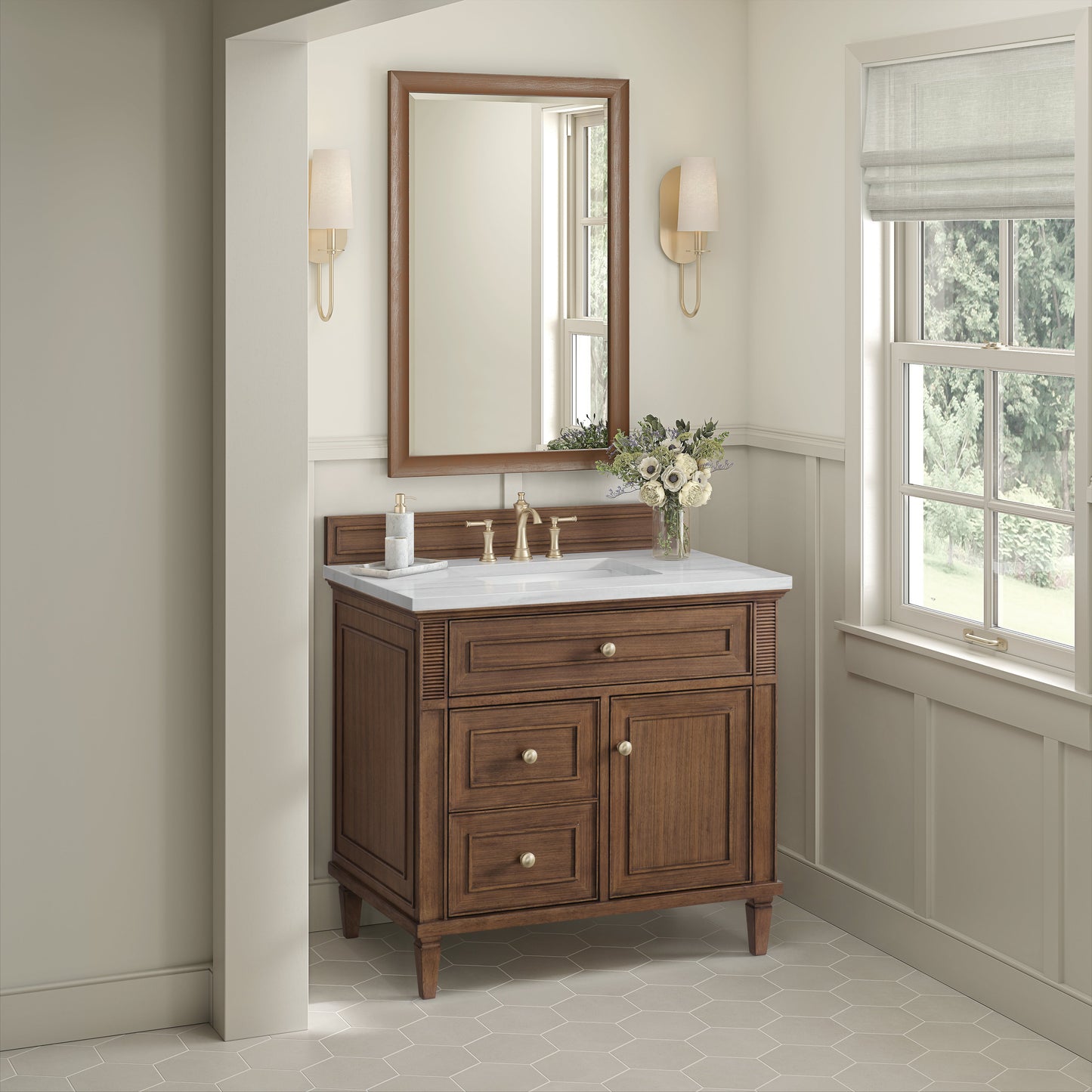 James Martin Vanities Lorelai 36" Mid-Century Walnut Single Vanity With 3 CM Arctic Fall Solid Surface Top