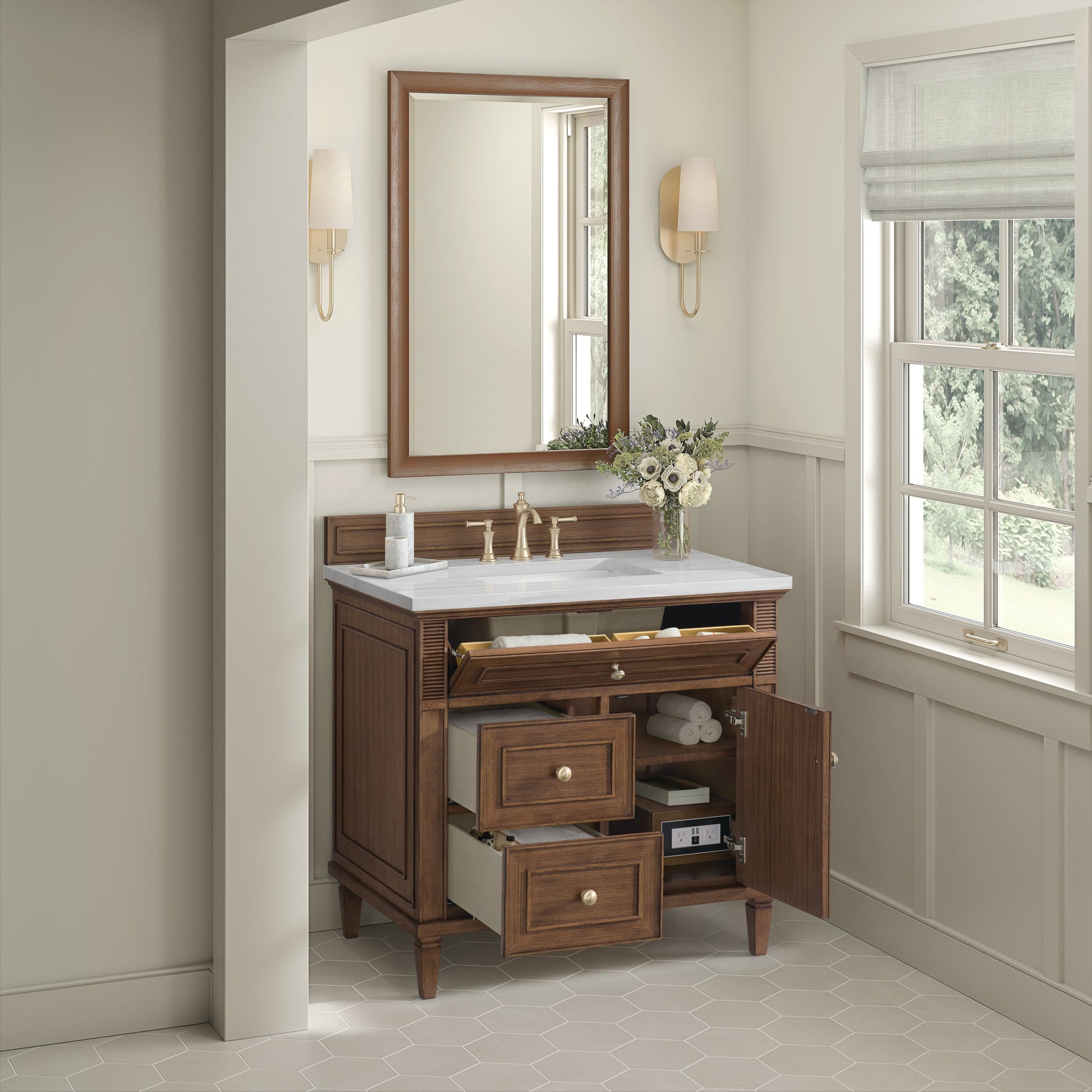 James Martin Vanities Lorelai 36" Mid-Century Walnut Single Vanity With 3 CM Arctic Fall Solid Surface Top