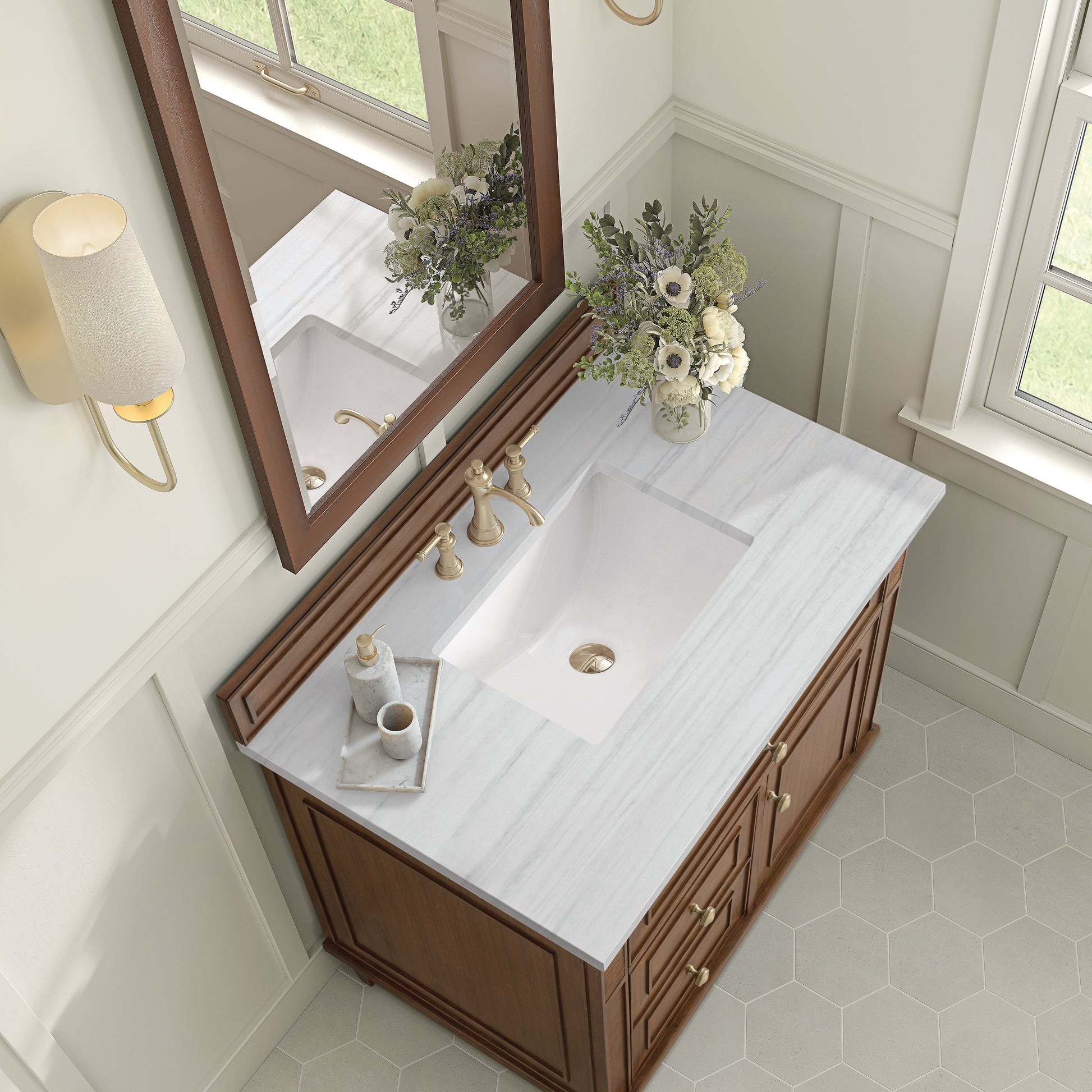 James Martin Vanities Lorelai 36" Mid-Century Walnut Single Vanity With 3 CM Arctic Fall Solid Surface Top