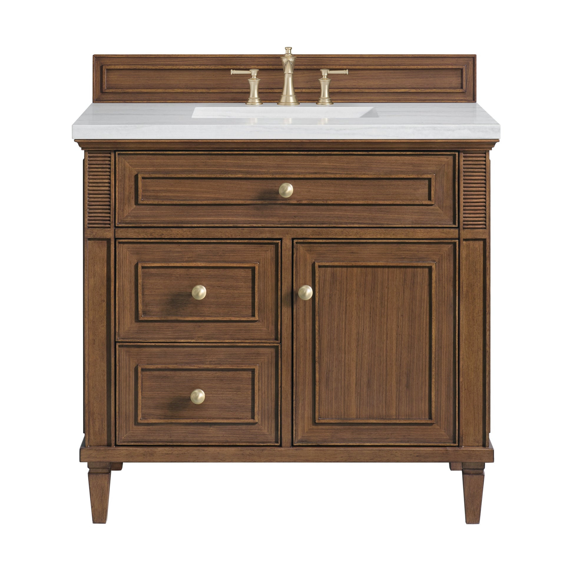 James Martin Vanities Lorelai 36" Mid-Century Walnut Single Vanity With 3 CM Arctic Fall Solid Surface Top