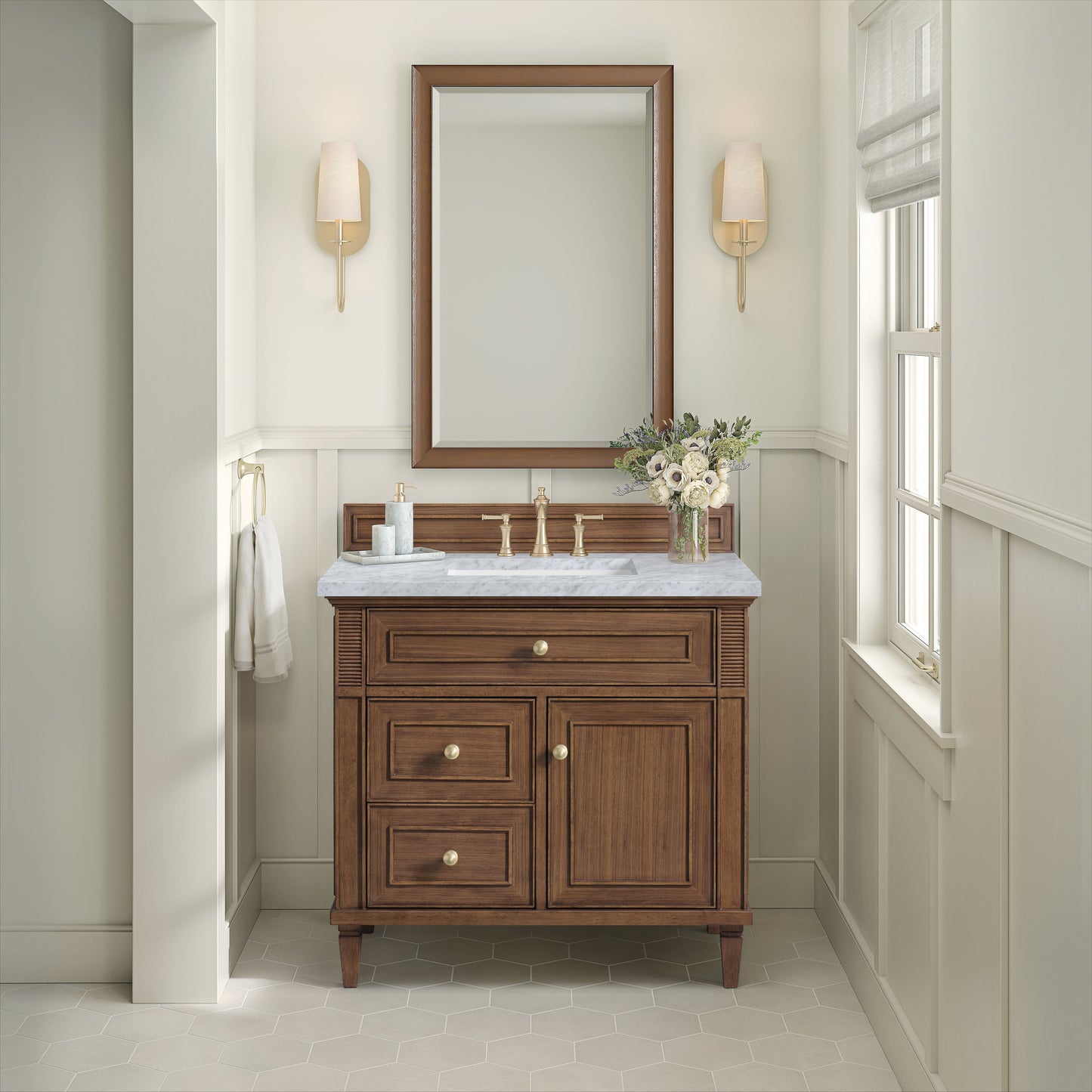 James Martin Vanities Lorelai 36" Mid-Century Walnut Single Vanity With 3 CM Carrara White Marble Top