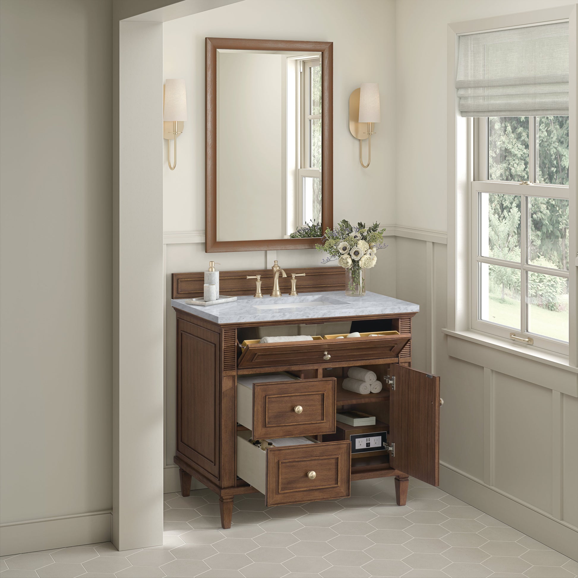 James Martin Vanities Lorelai 36" Mid-Century Walnut Single Vanity With 3 CM Carrara White Marble Top