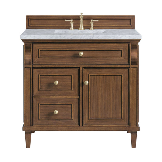 James Martin Vanities Lorelai 36" Mid-Century Walnut Single Vanity With 3 CM Carrara White Marble Top