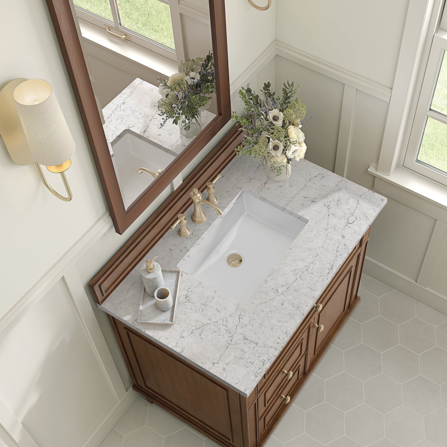 James Martin Vanities Lorelai 36" Mid-Century Walnut Single Vanity With 3 CM Eternal Jasmine Pearl Quartz Top