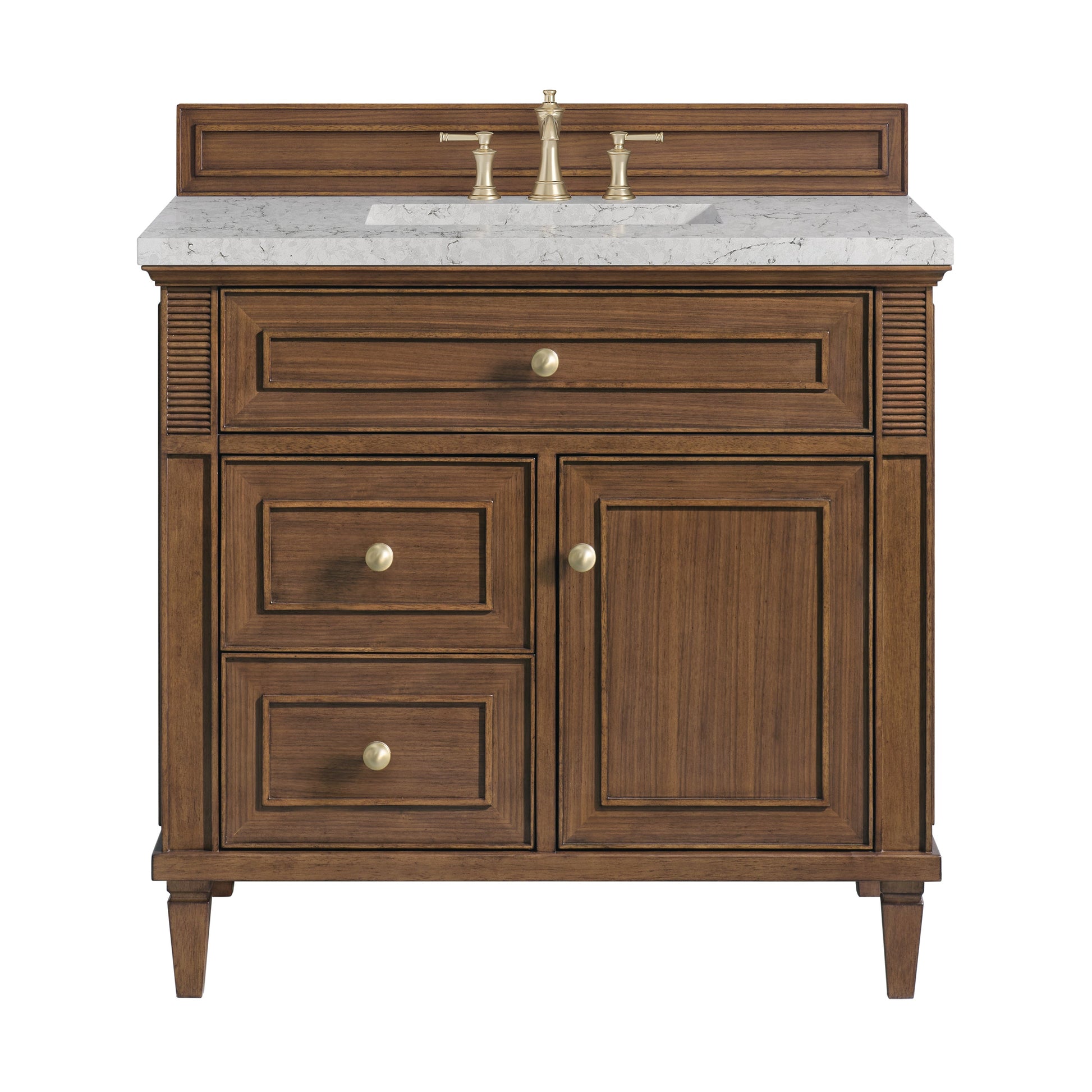 James Martin Vanities Lorelai 36" Mid-Century Walnut Single Vanity With 3 CM Eternal Jasmine Pearl Quartz Top