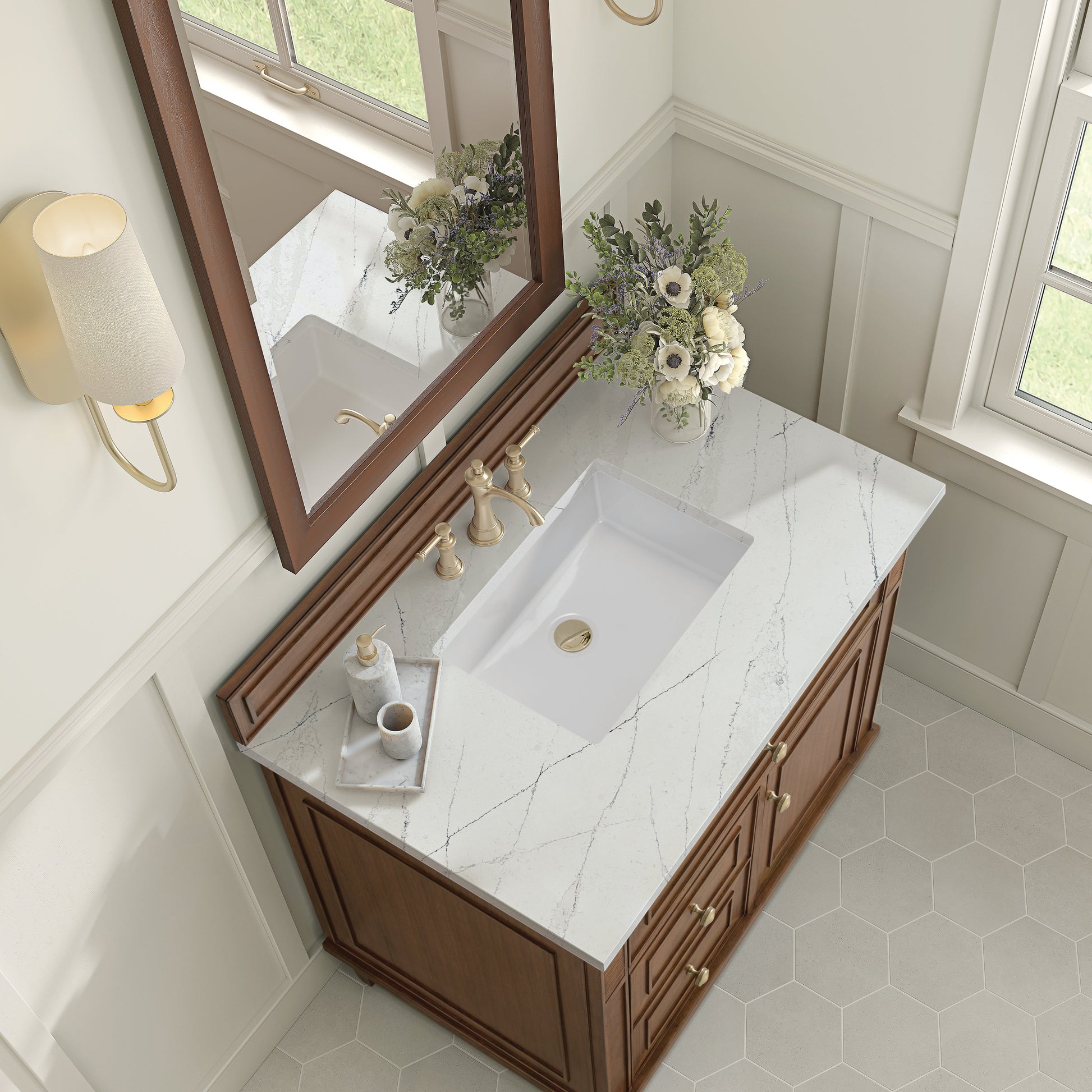 James Martin Vanities Lorelai 36" Mid-Century Walnut Single Vanity With 3 CM Ethereal Noctis Quartz Top