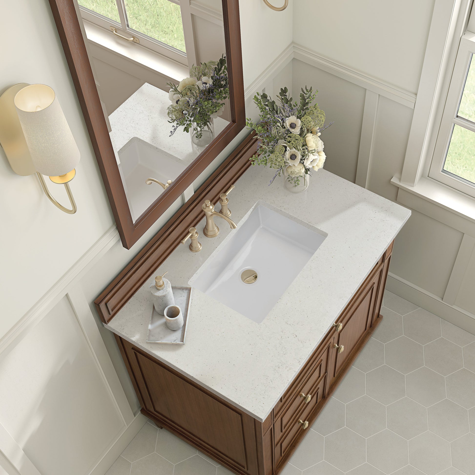 James Martin Vanities Lorelai 36" Mid-Century Walnut Single Vanity With 3 CM Lime Delight Quartz Top