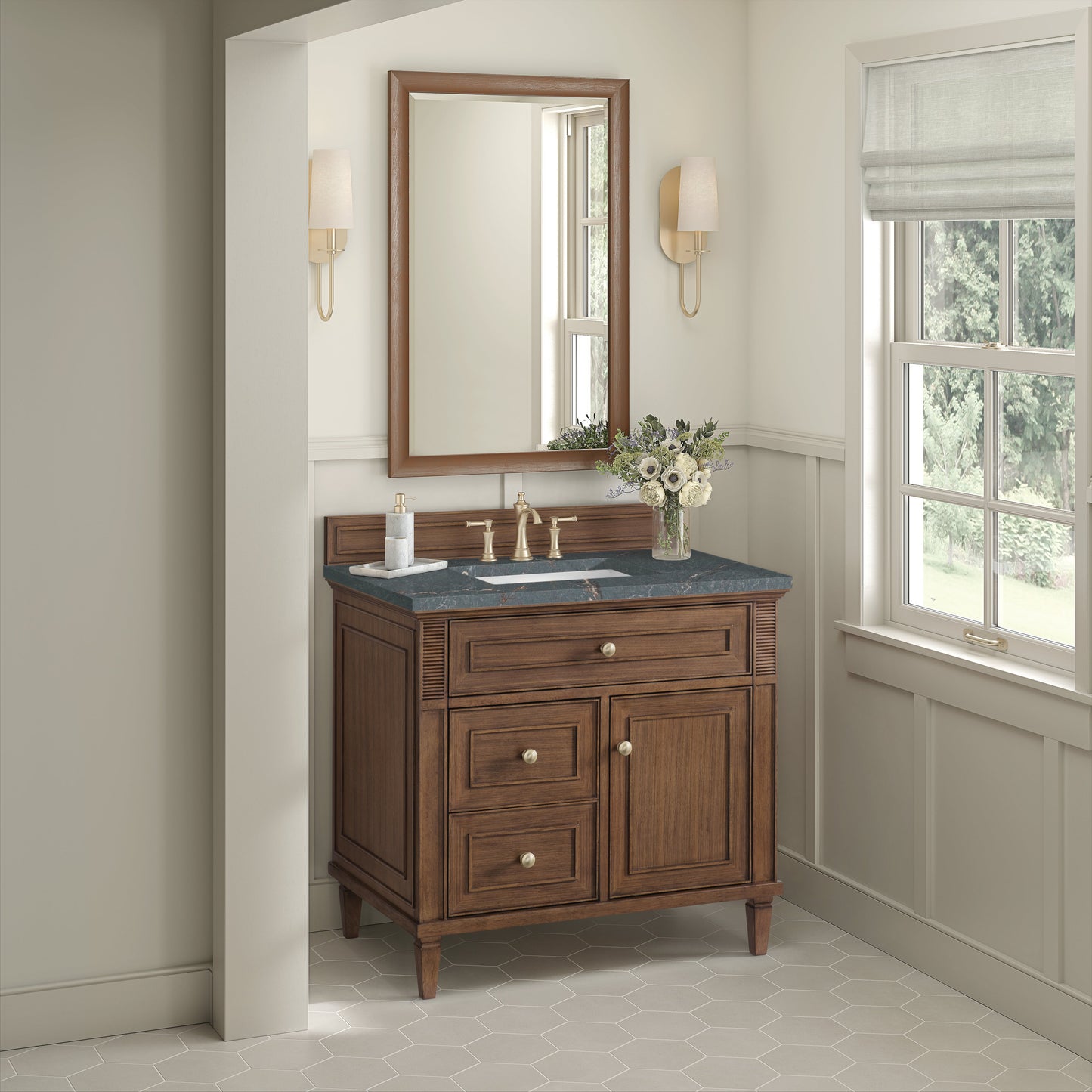 James Martin Vanities Lorelai 36" Mid-Century Walnut Single Vanity With 3 CM Parisien Bleu Quartz Top