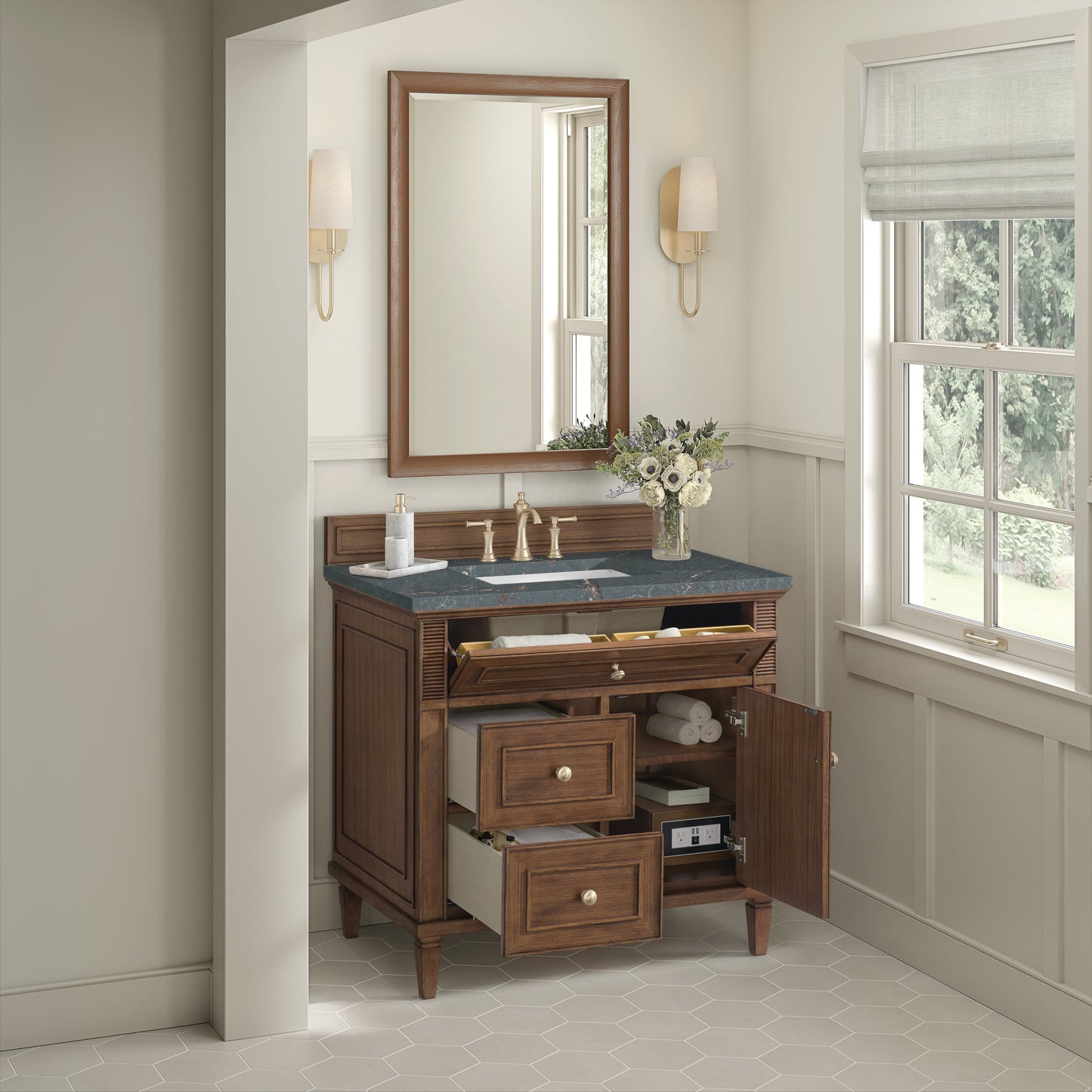 James Martin Vanities Lorelai 36" Mid-Century Walnut Single Vanity With 3 CM Parisien Bleu Quartz Top