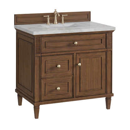 James Martin Vanities Lorelai 36" Mid-Century Walnut Single Vanity With 3 CM Victorian Silver Quartz Top