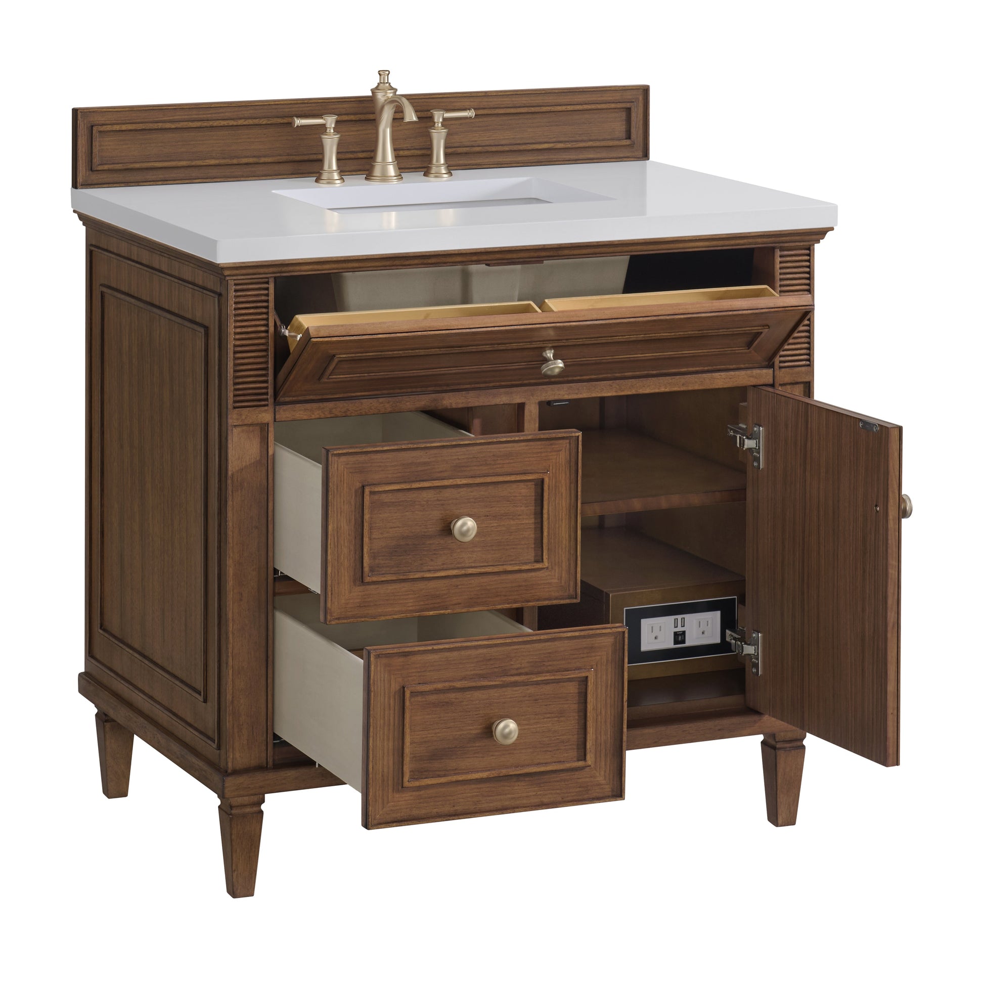 James Martin Vanities Lorelai 36" Mid-Century Walnut Single Vanity With 3 CM White Zeus Quartz Top