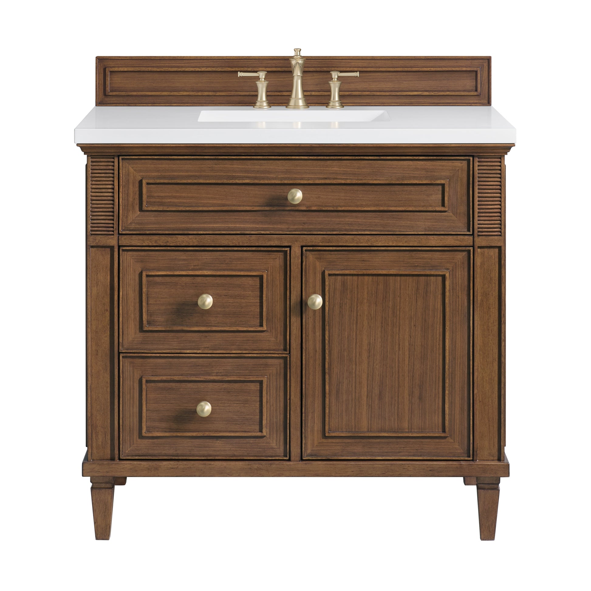 James Martin Vanities Lorelai 36" Mid-Century Walnut Single Vanity With 3 CM White Zeus Quartz Top