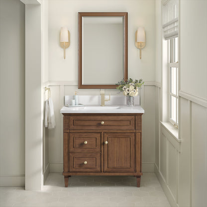 James Martin Vanities Lorelai 36" Mid-Century Walnut Single Vanity With Single Hole 3 CM White Zeus Quartz Top & Backsplash