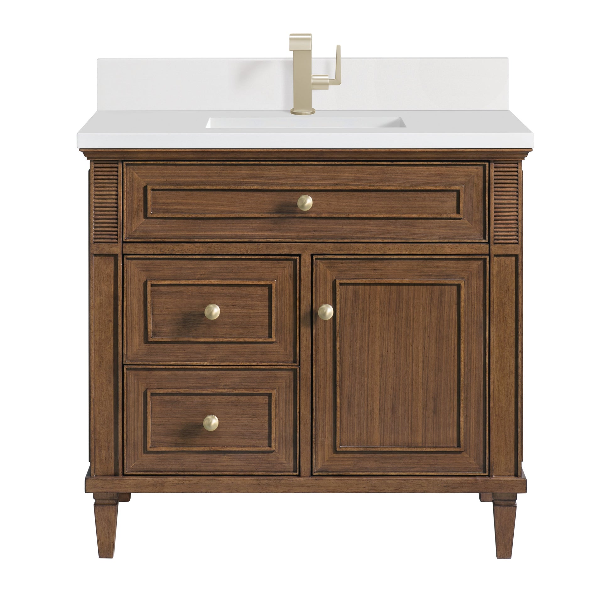 James Martin Vanities Lorelai 36" Mid-Century Walnut Single Vanity With Single Hole 3 CM White Zeus Quartz Top & Backsplash