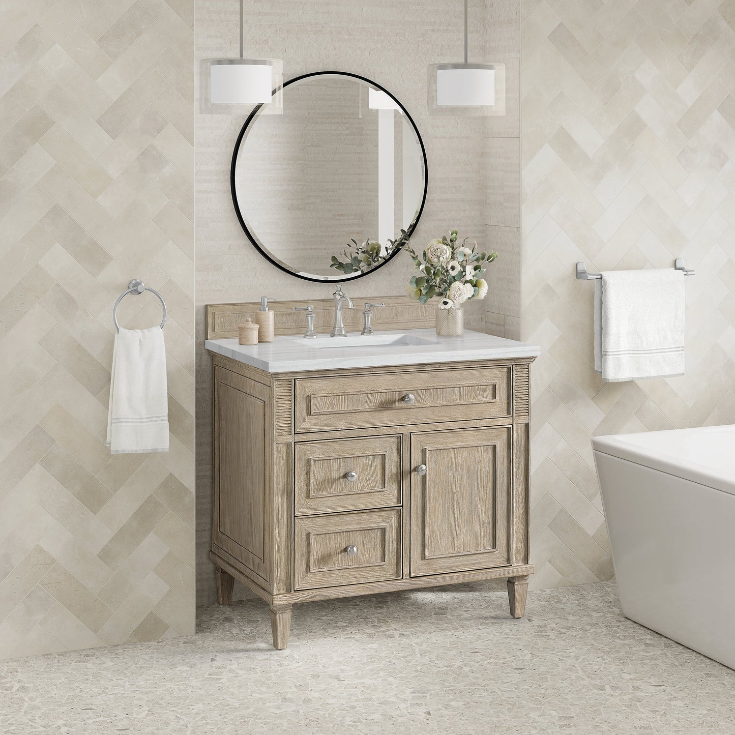 James Martin Vanities Lorelai 36" Whitewashed Oak Single Vanity With 3 CM Arctic Fall Solid Surface Top