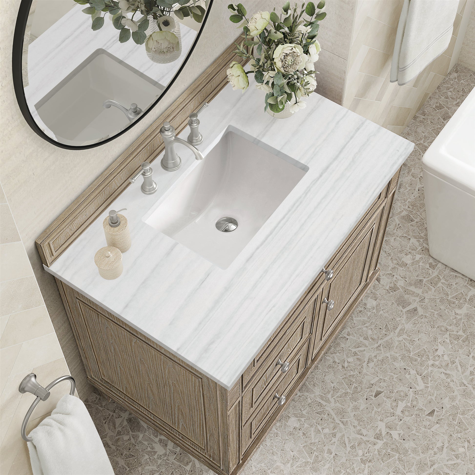 James Martin Vanities Lorelai 36" Whitewashed Oak Single Vanity With 3 CM Arctic Fall Solid Surface Top