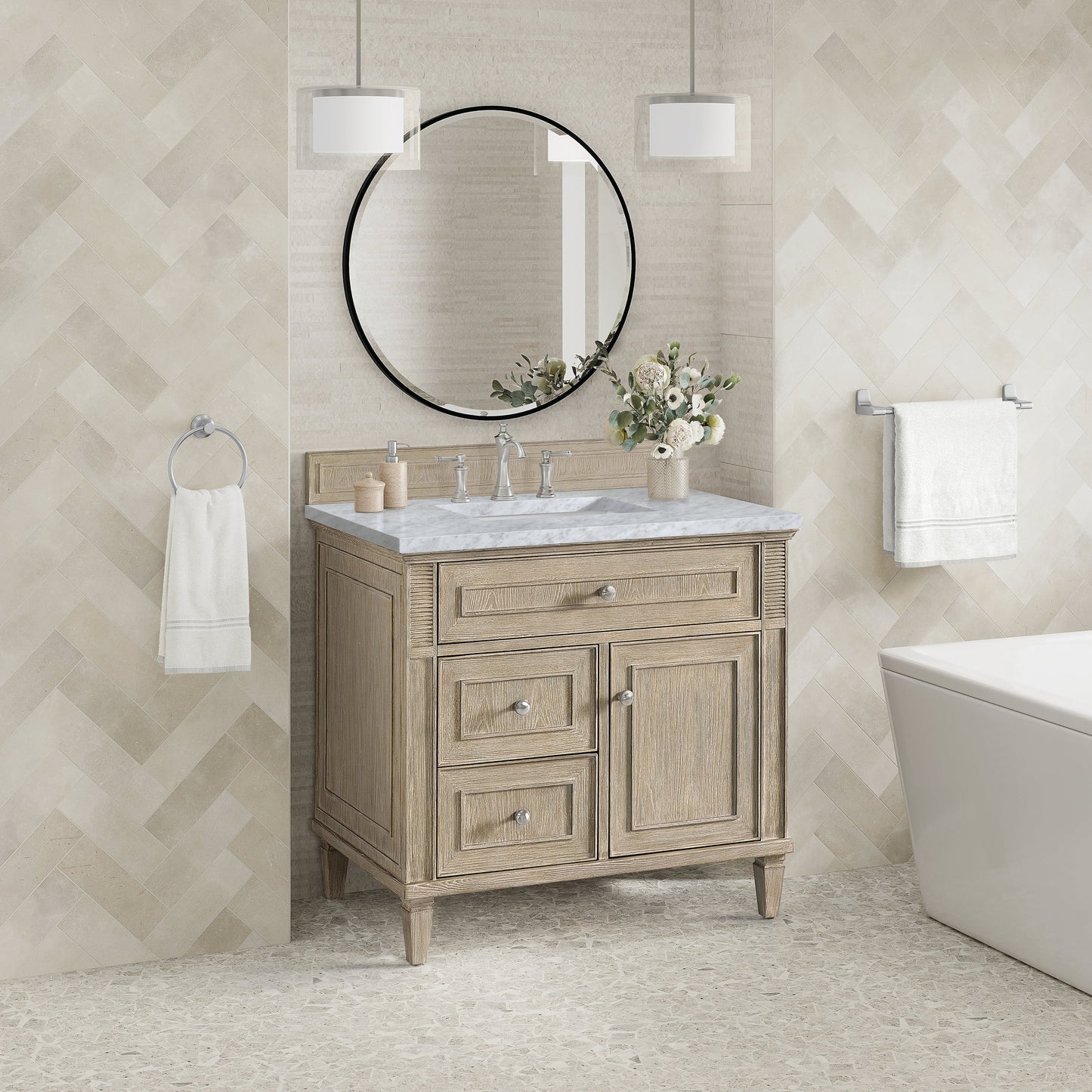 James Martin Vanities Lorelai 36" Whitewashed Oak Single Vanity With 3 CM Carrara White Marble Top